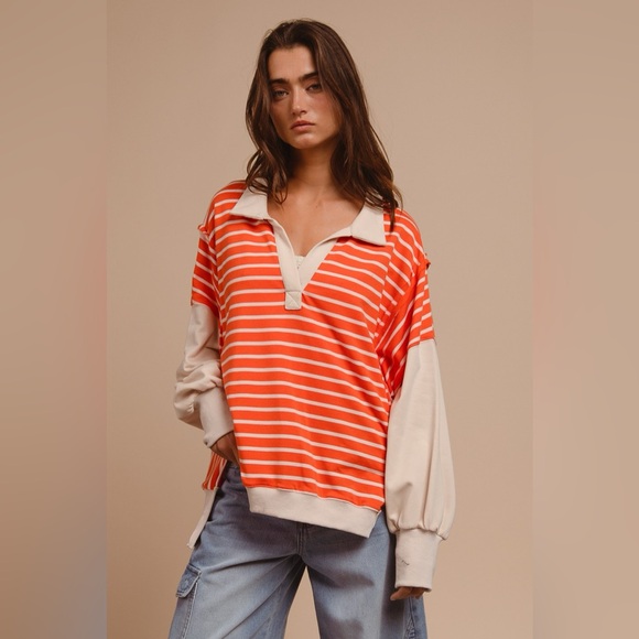 BiBi Stripe Knit Loose Fit Top With Cut Edge Detail
